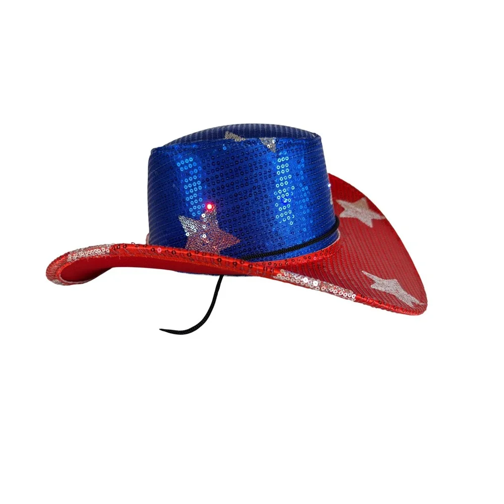 Patriotic LED Light Up Sequin Cowboy Hat Red White Blue Stars 4th of July Party